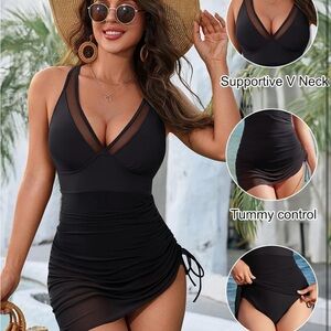 🎉Black V-Neck Tummy-Control Women’s Swimdress